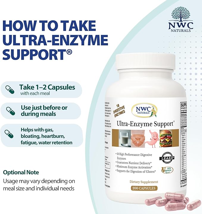 NWC Naturals Ultra-Enzyme Support Natural Digestive Supplement Promotes Optimal Health and Digestion 200 count Capsules
