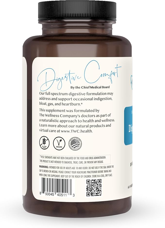 The Wellness Company Digestive Comfort - Bloat &amp Gas Relief Anti-Heart Burn IBS Fast Acting Gut Health - 5 Enzymes Peppermint &amp Ginger Root | 60ct (1 Month Supply)