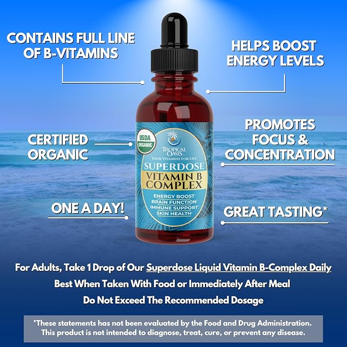 Superdose Organic Vitamin B Complex Liquid Drops | 125000% DV Vitamin B12 B6 Biotin Niacin Folate | Energy Brain Health Immune Support | USDA Organic Vegan Non-GMO | 60 Serv 2 Mo. Supply