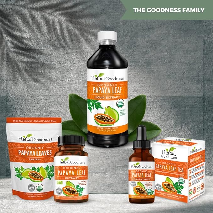 Herbal Goodness Papaya Leaf Extract Platelet Support - 15X Blood Platelet Boost Bone Marrow &amp Spleen Support Immune &amp Gut Health Digestive Enzyme - Organic Kosher 16 oz Liquid Extract (Pack
