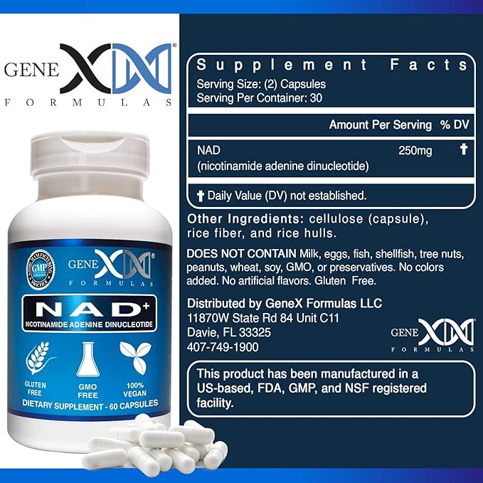 Genex Formulas NAD+ 250mg Serving 60 Capsules Nicotinamide Adenine Dinucleotide (Actual NAD+ Not a Precursor) (1)