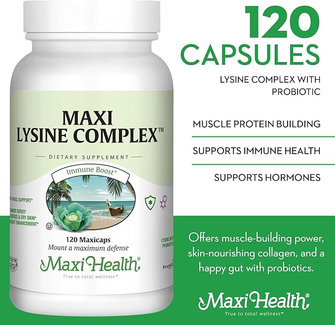 Maxi Health Lysine Complex with Probiotics - L-Lysine 1000mg for Protein Synthesis Canker Sores and Skin – 60 Capsules