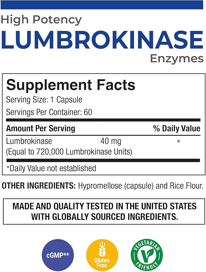 Puregen Labs Lumbrokinase 40mg per Capsule High Potency Supplement | High Activity Lumbrokinase Enzymes | No Harmful Additives | Non-GMO | Gluten Free - 60 Vegetarian Capsules