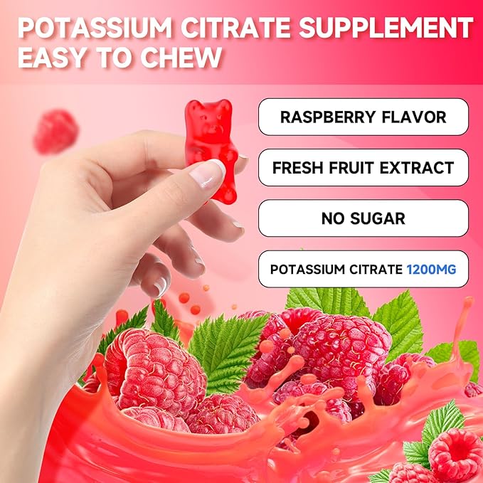 2 Pack Potassium Citrate Gummies High Potassium Supplement 1200mg Support Leg Cramps &amp Muscle Health Potassium Gummies for Adults &amp Kids Vegan Raspberry Flavor 120 Count