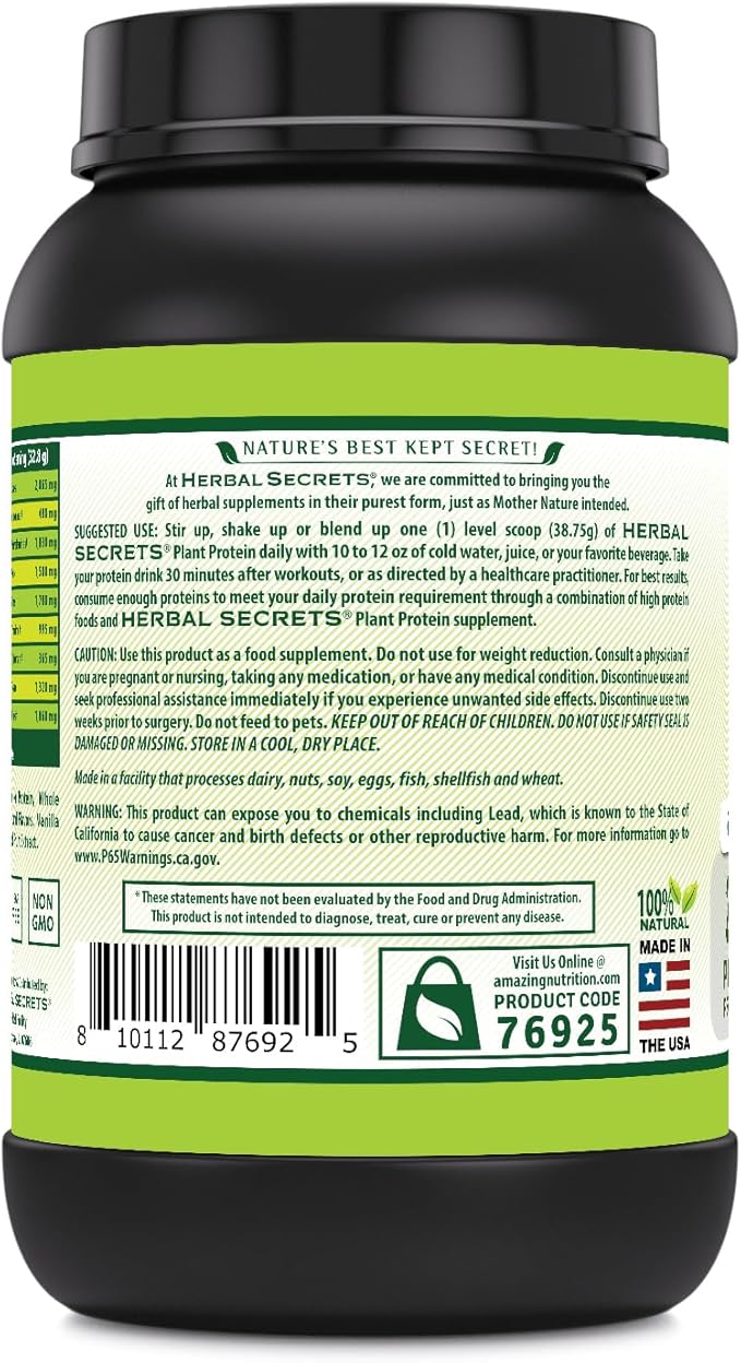 Herbal Secrets Plant Protein 2 Lb Powder | 28 Grams Protein per Serving | 6.1 Grams BCAA | Vegan Supplement | 23 Servings | Made in USA (2 Lb Vanilla)