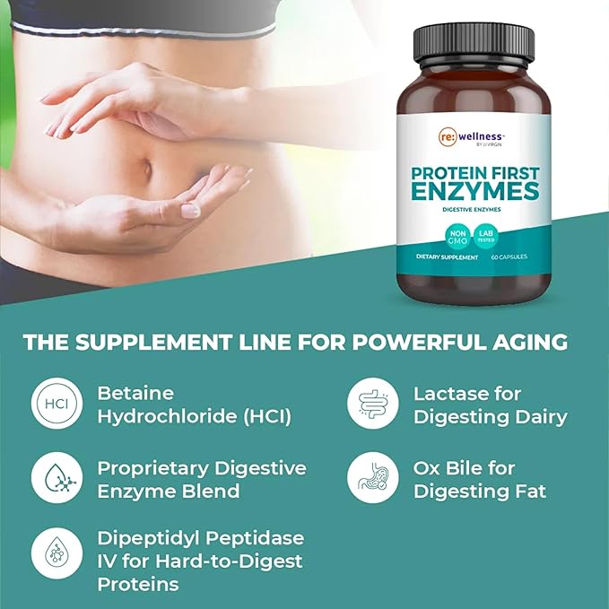 Reignite Wellness by JJ Virgin | Protein First Enzymes | Betaine HCI with Pepsin &amp Enzyme Supplement | Support for Gut Health Digestion Occasional Bloating &amp Gas | 60 Capsules