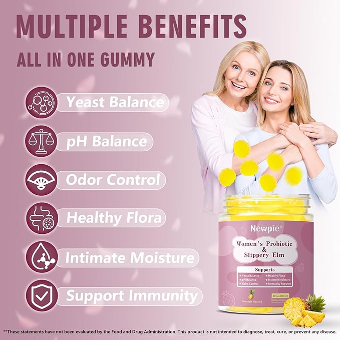Her Juicy Feminine Probiotics Gummies for Women | Tropical Pineapple Flavor | Supports pH Balance Gut &amp Immune Health | with Slippery Elm Prebiotics &amp Lactobacillus Blend | 60 Gummies (2)