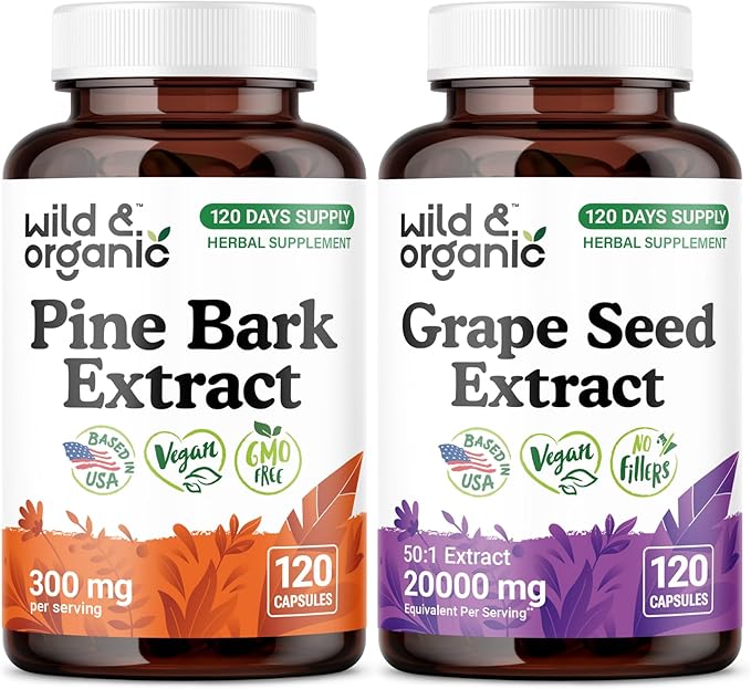 Wild &amp Organic Pine Bark Extract 120 Capsules &amp Grape Seed 120 Capsules