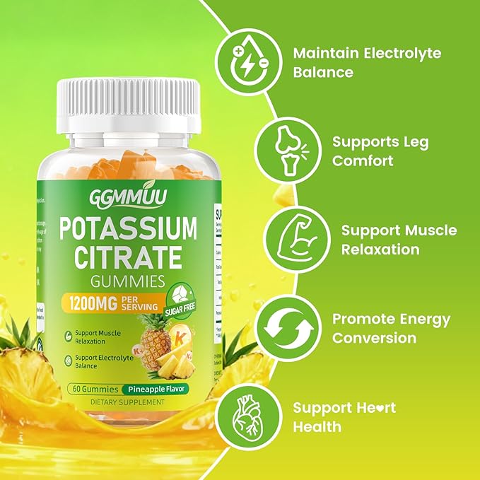 2 Pack Potassium Citrate Gummies 1200mg Sugar-Free Potassium Supplement for Adults &amp Kids - Supports Muscle Health Leg Cramps &amp Electrolyte Balance Vegan Pineapple Flavor 120 Count