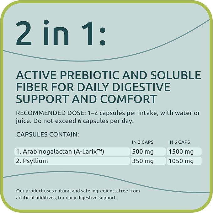 Psyllium Husk (Plantago ovata) + Arabinogalactan ≥95% – 660 mg 60 Vegan Capsules – Fiber Complex