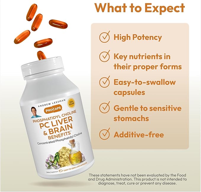 ANDREW LESSMAN PC Liver and Brain Benefits 180 Softgels - Phosphatidyl Choline Most Important Building Block for Healthy Liver and Brain Structure Function. No Additives. Easy to Swallow Softgels