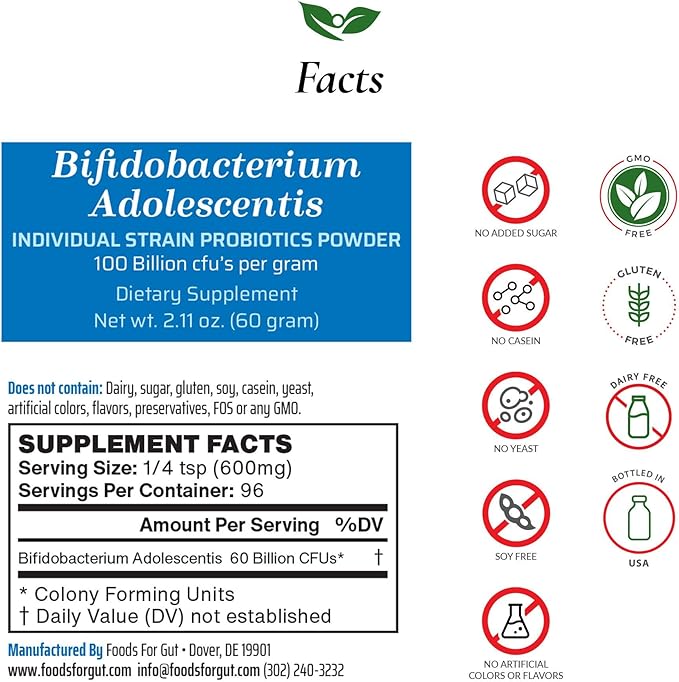 Foods For Gut Bifidobacterium Adolescentis Probiotic Powder 100 Billion cfu's | No Additives | Digestive &amp Immune Support | High Potency | B. Adolescentis | 60 Grams (2.11 Oz)
