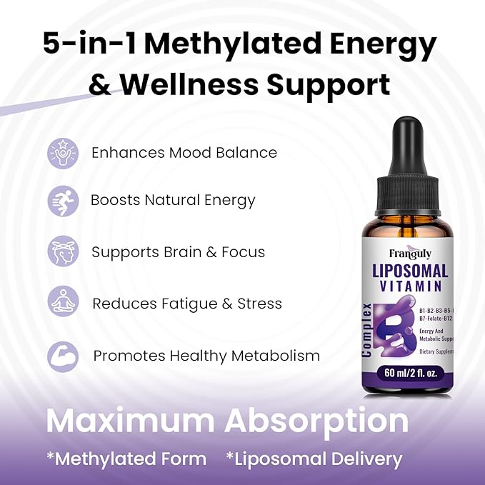 Liposomal Vitamin B Complex Liquid Sublingual B Complex Vitamins Supplement for Women Men Improved Absorption Methylated B12B1 B2 B3 B5 B6FolateBiotin for Energy And Immune Support-2.0 oz