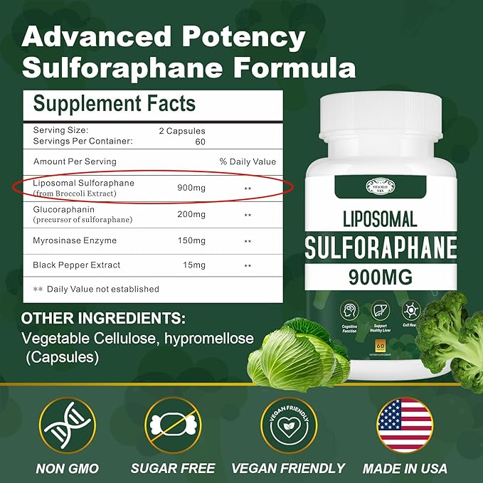 900MG Liposomal Sulforaphane Supplement Broccoli Extract Liver Supplement for Antioxidant Digestion Cellular Health 180 Capsules