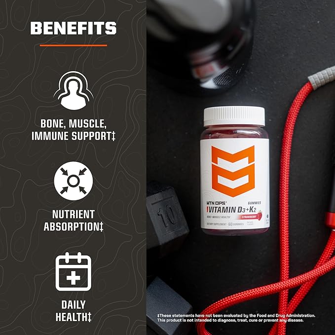 MTN OPS Vitamin D3 K2 Gummies 5000 IU Vitamin D3 and Vitamin K2 MK7 Naturally Gluten-Free with Natural Strawberry Flavor 60 Soft-Chew Gummies 60 Servings per Container