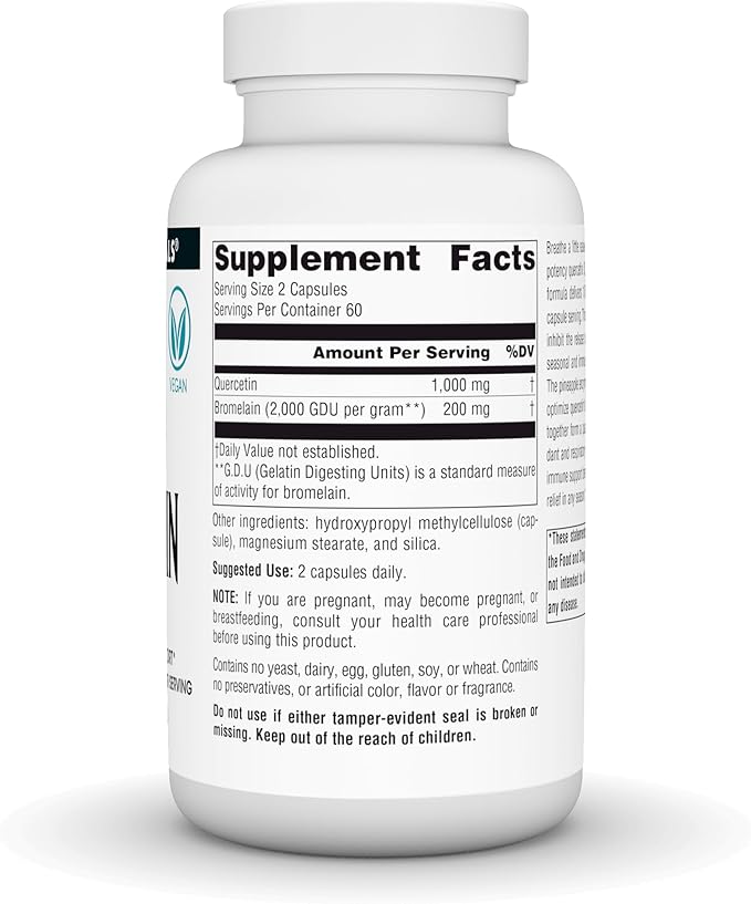 Source Naturals Quercetin with Bromelain Respiratory and Immune Support* - 500 mg per Capsule 1000 mg per Serving - 120 Vegan Capsules