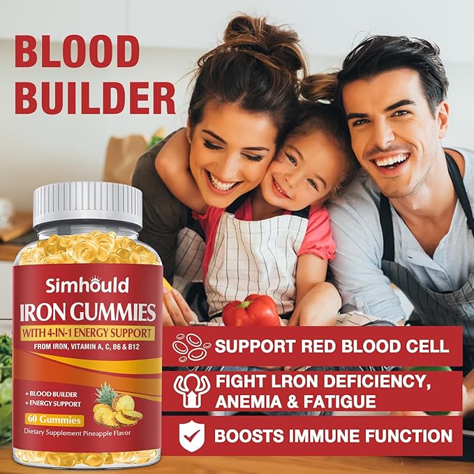 2 Pack Vegan 80MG Iron Supplement Gummies for Women &amp Men - Vitamin A C B for Adults &amp Kids - Blood &amp Builder &amp Energy Support for Iron Deficiency Anemia 120 Counts Pineapple Flavo
