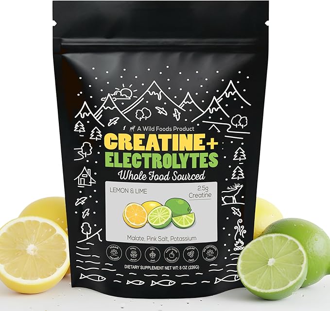 Wild Foods Creatine + Electrolytes Powder Lemon &amp Lime (8 oz 30 Servings) - 2.5g Creatine + Magnesium Malate Pink Salt Potassium - Whole-Food Sourced Hydration &amp Support - No Added Sugar