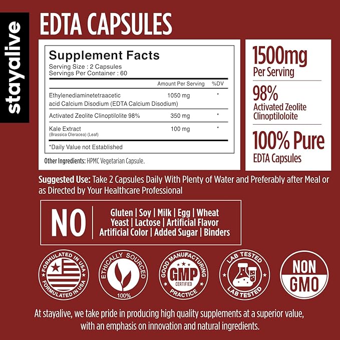 STAY ALIVE EDTA Capsules 1500mg with Zeolite 98% and Kale Extract Powder 120 Pills Non-GMO &amp Gluten Free Calcium Disodium EDTA Supplement