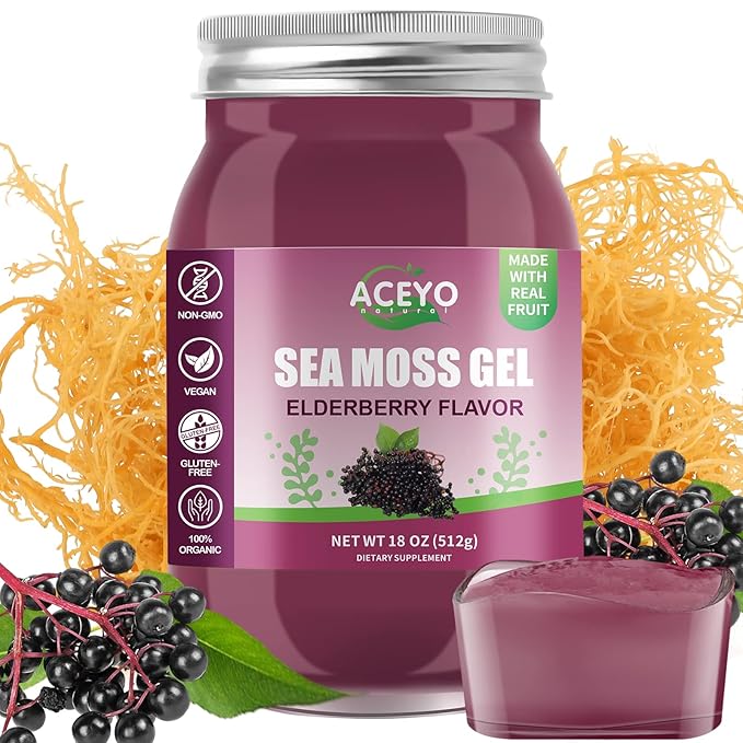 (18 OZ) Irish Elderberry Sea Moss Gel Organic Raw Vegan Flavor 102 Vitamins and Minerals Wild Harvested Non-GMO Immune Defense Booster Thyroid Digestive Support