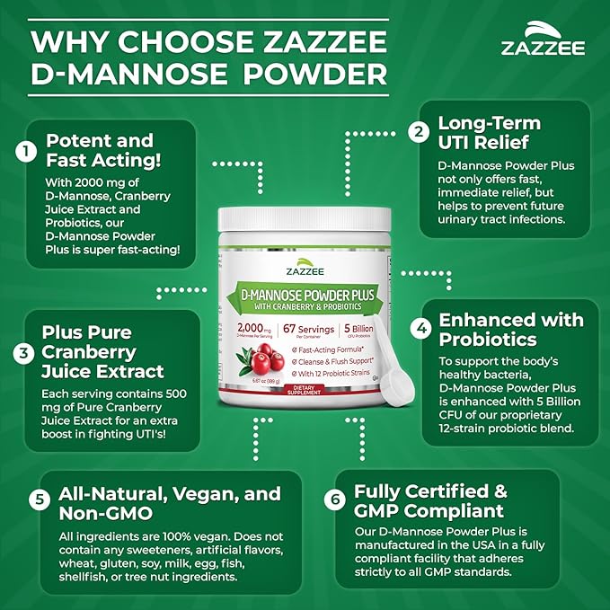 Zazzee D-Mannose Powder Plus 2000 mg 67 Servings Plus 5 Billion CFU Probiotics and Pure Cranberry Juice Extract Certified Kosher Free Scoop 6.67 oz Urinary Tract Support Non-GMO All-Natural