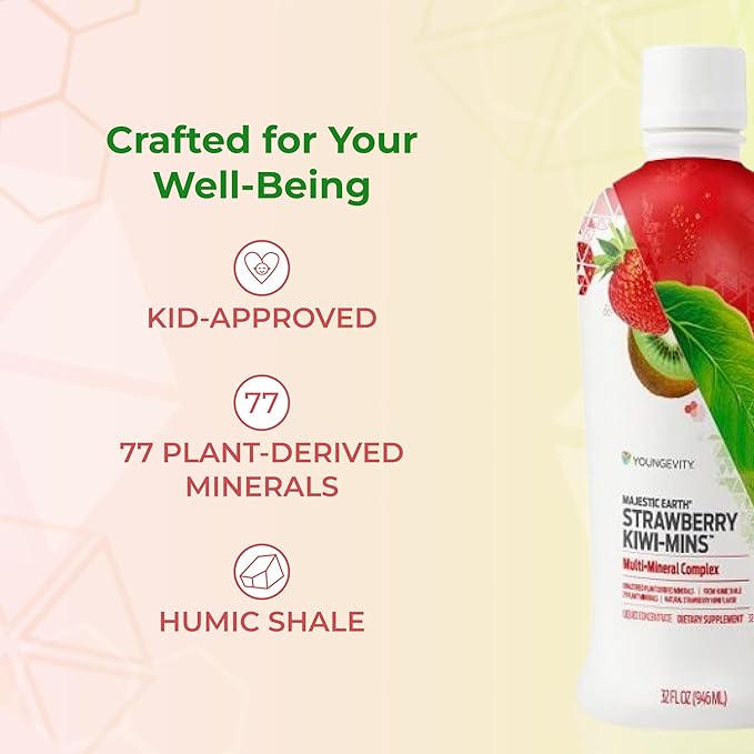 Youngevity Strawberry Kiwi-Mins Plant Derived Multi-Mineral Complex - Made from Humic Shale - Liquid Colloidal Form - Kid Friendly Taste - (32oz)