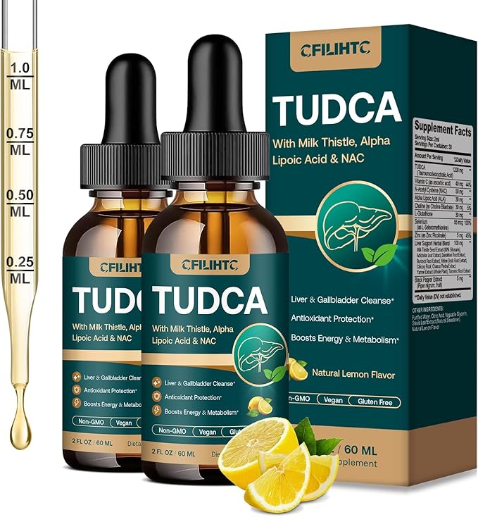 TUDCA Bile Salts 1200mg Liquid Drops - Advanced Tudca Liver Supplement with ALA NAC &amp Glutathione for Bile Flow Gallbladder Health &amp Antioxidant Defense High-Absorption Lemon 2 fl oz 2 Pac