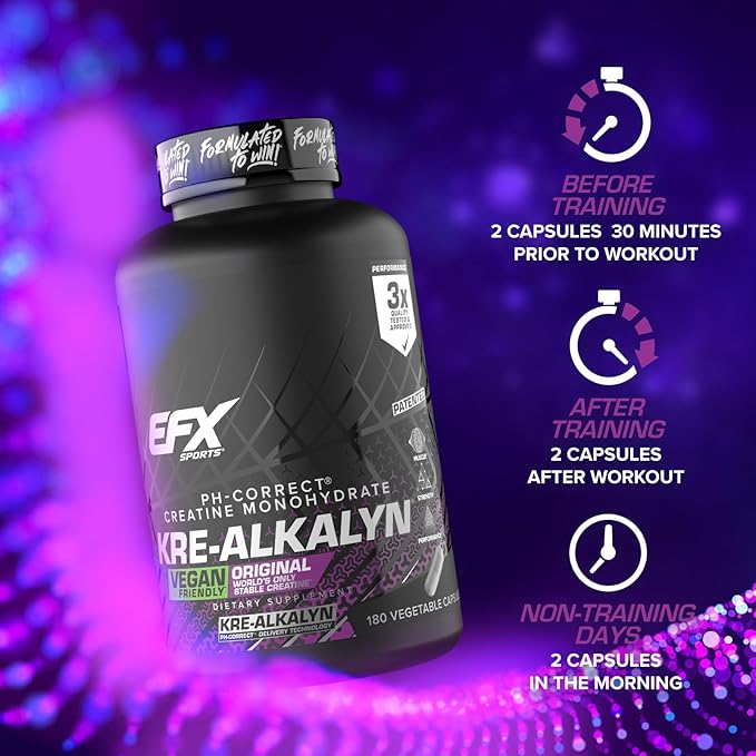 EFX Sports Kre-Alkalyn EFX | pH Correct Creatine Monohydrate Pill Supplement | Vegan Friendly | Strength &amp Muscle Growth | 90 Servings 180 Veggie Capsules (Pack of 2)