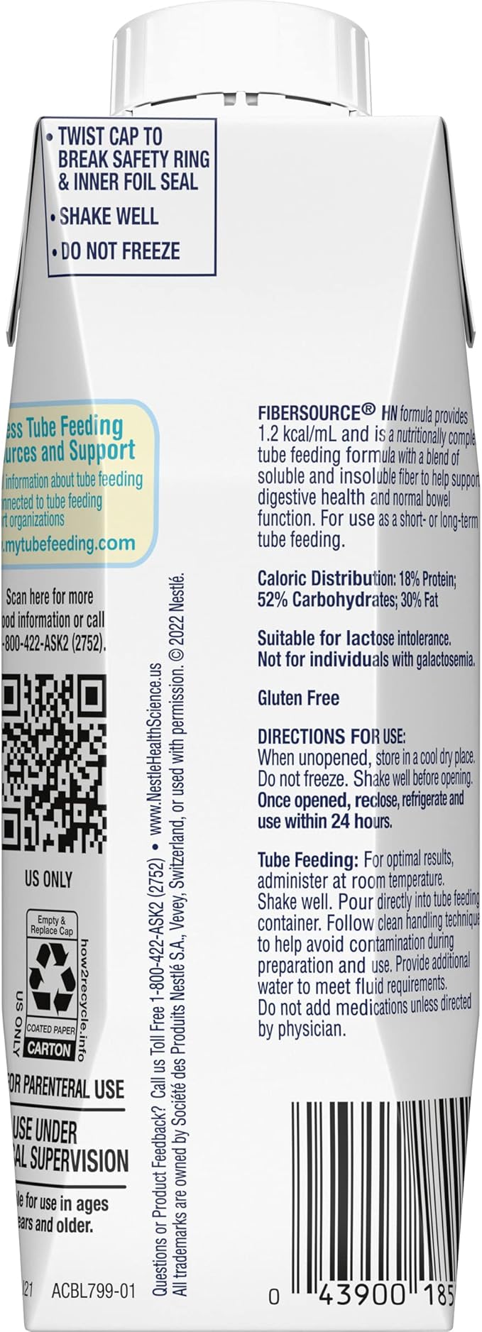 FIBERSOURCE HN High Nitrogen Complete Nutrition with Fiber Tube Feeding Formula (1.2 kcal/mL) Unflavored 8.45 Fl Oz Pack of 24