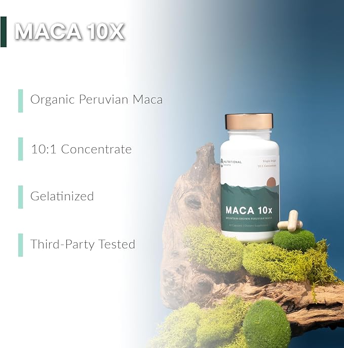 Nutritional Roots Maca Root Capsules: Peruvian Maca 10x Made with Organic Maca Powder (Lepidum meyennii) 10:1 Concentration Single-Origin Vegan Gelatinized Maca Supplement 60 ct.