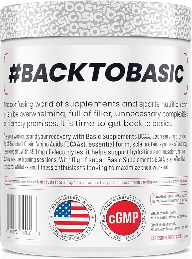 BASIC SUPPLEMENTS BCAA Powder Instantized Formula with 7g BCAAs 2:1:1 Ratio 450mg of Electrolytes Sugar-Free Vegan Gluten-Free Supports Muscle Recovery