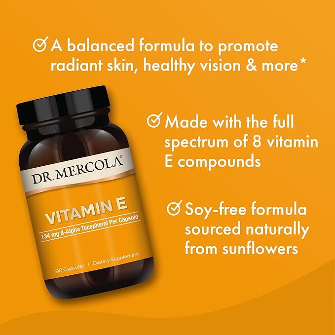 Dr. Mercola Vitamin E 90 Servings (90 Capsules) 134 mg Per Capsule Dietary Supplement Supports Healthy Skin Non-GMO