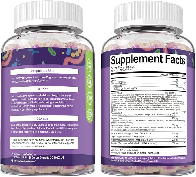 Totaria 2 PCS Sugar Free 5-in-1 Probiotic Prebiotic Postbiotic Gummy 36 Strains Probiotics for Women Men with Digestive Enzymes Peppermint Complete Immune Gut &amp Digestive Support Grape Flavor