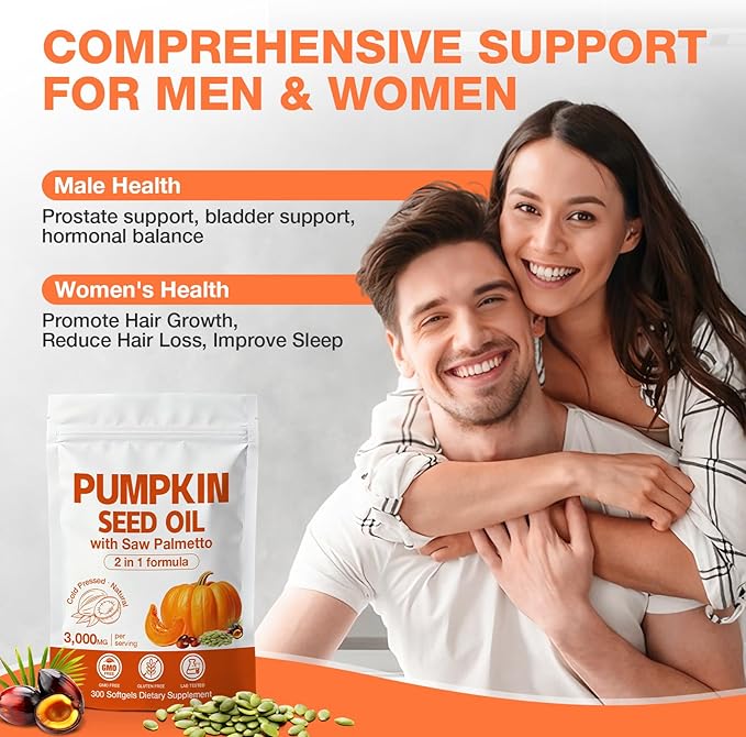 3000mg Max Strength Pumpkin Seed Oil + Saw Palmetto Capsules (300 Softgels) - Cold-Pressed Blend Supports Hair Growth Prostate Health &amp Urinary Tract Bladder Support Immune Boost Non-GMO
