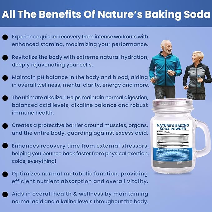 Organic Use Aluminum Free Baking Soda Bulk Supplement Powder in Mason Jar with Lid &amp Spoon - Food Grade &amp Organic Use Baking Soda for pH Balance Kidney Health Antacid &amp Detox Support - 1