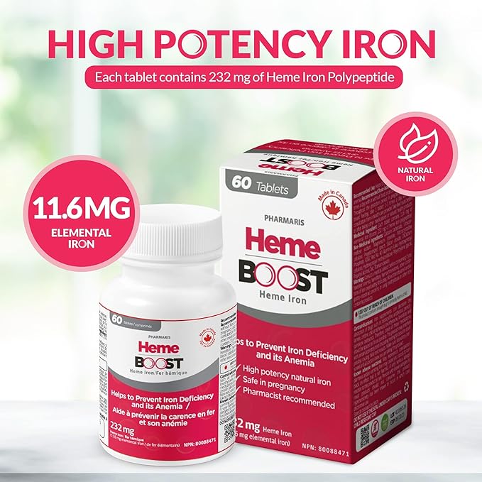 Hemeboost 11.6mg (232mg Heme Iron Pills) High Potency Iron Supplement for Women &amp Men High Absorption &amp Gentle on Stomach Safe for Use in Pregnancy 60 Tablets