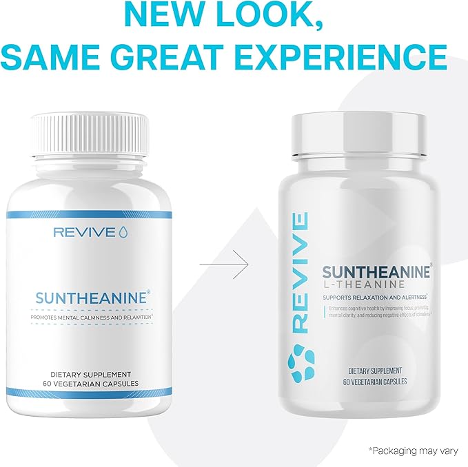 Revive MD Suntheanine L-Theanine Supplement for Men and Women - Supports Fatigue &amp Brain Function for Calm Mood Mental Clarity Focus &amp Relaxation - Vegan &amp Gluten-Free (60 Capsules 60 S