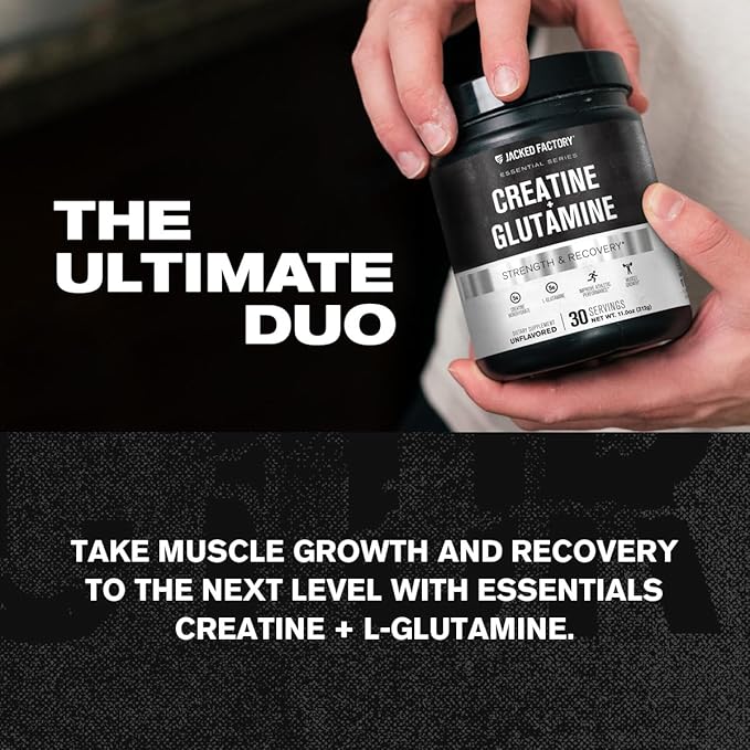 Jacked Factory Creatine + Glutamine - Creatine Supplement with L-Glutamine for Muscle Recovery Muscle Growth Increased Strength (30 Servings Unflavored &amp 30 Servings Blue Raspberry)