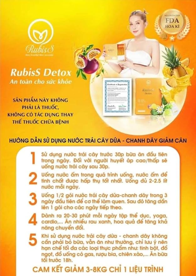RUBISS Detox Nuoc Ep Chanh Day Dua - Fruits Juice Detox- Passionfruit Pineapple - 12packs x 20ml / 1 Boxes