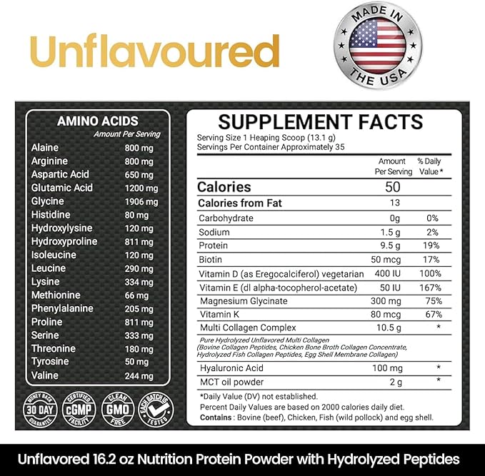 Keto Multi Collagen Peptides 16.2 oz - Bone Broth Protein Powder with 5 Types Hydrolyzed Collagen MCT Oil &amp Biotin for Skin Joints Hair &amp Nails Unflavored Collagen Powder