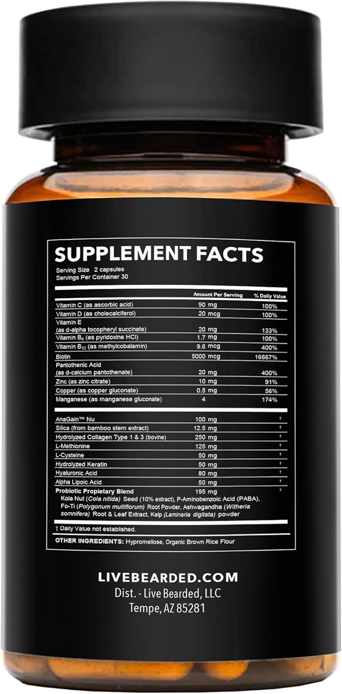 Live Bearded Beard Boost - Beard Growth Vitamins for Men with Biotin Collagen Silica Fo-Ti Root - Facial Hair Growth for Men Made in the USA | 30-Day Supply
