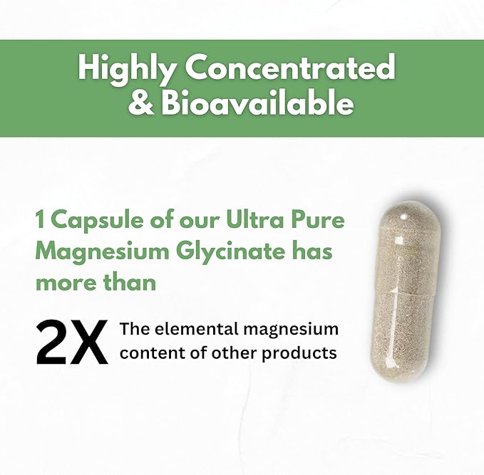 Pure Magnesium Glycinate Capsules - Non-Buffered 350mg Elemental Magnesium Supplement - Chelated High Absorption &amp Purity Magnesium Complex - Made in USA