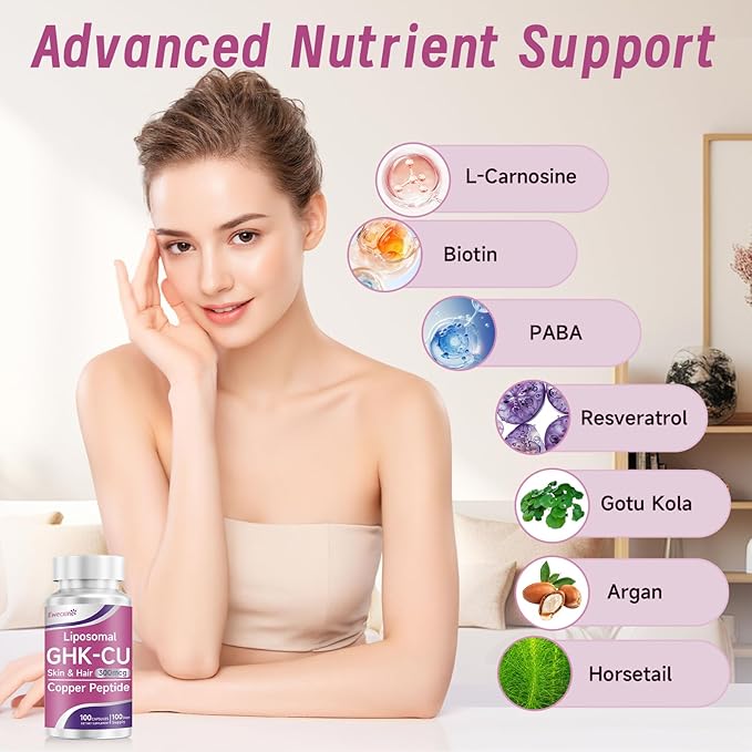 GHK-Cu Copper Peptide Supplement 300 mcg per Serving Liposomal Formula 100 Vegan Capsules – Beauty Support Matrix with Biotin Phytoceramides &amp Herbal Blend