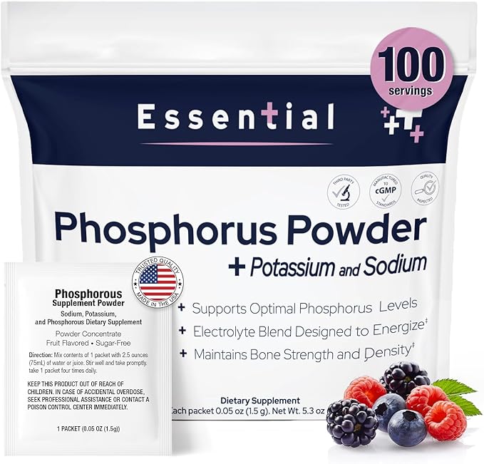 Phosphorus Supplements 100 Packets Dietary Supplements Powder with Sodium Phosphate and Potassium Phosphate Fruit Flavored Phosphorous Supplement Powder for Electrolyte Bone Health &amp Kidney Hea