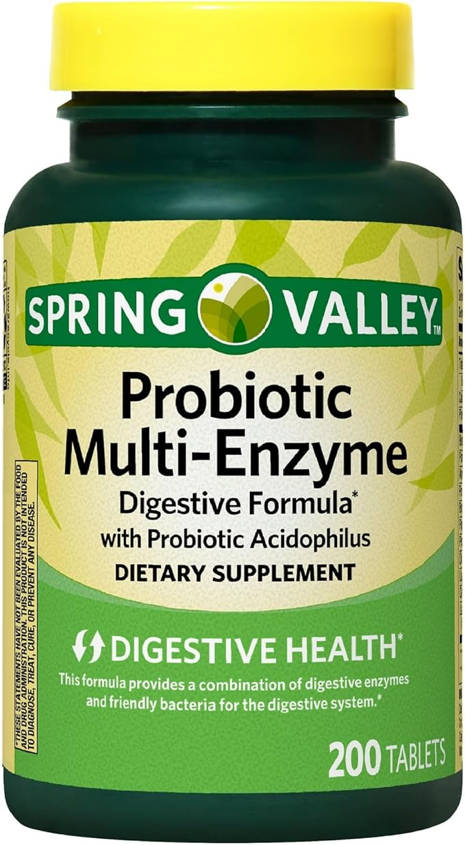 Spring Valley Probiotic Multi Enzyme- Digestive Formula 200ct Tablets with acidophilus for Gut Health (Pack of 1) Set by Basket Goods