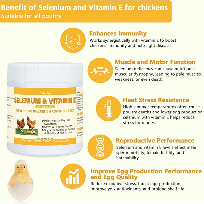 Selenium &amp Vitamin E Powder for Chickens | Poultry Nutrient Support Blend for Muscle Activity &amp Daily Balance | Feed Mix Additive for Chickens &amp All Poultry | 113g