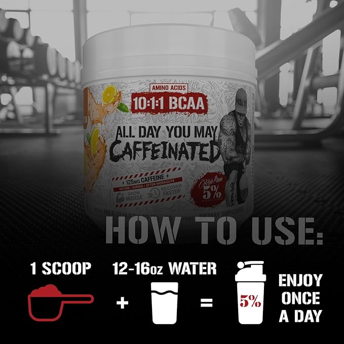 5% Nutrition Rich Piana AllDayYouMay Caffeinated BCAA Energy Powder | Premium Pre Workout Amino Energy &amp Electrolytes | Hydration Endurance &amp Recovery | 16.08 oz 25 Servings (Fruit Punch)