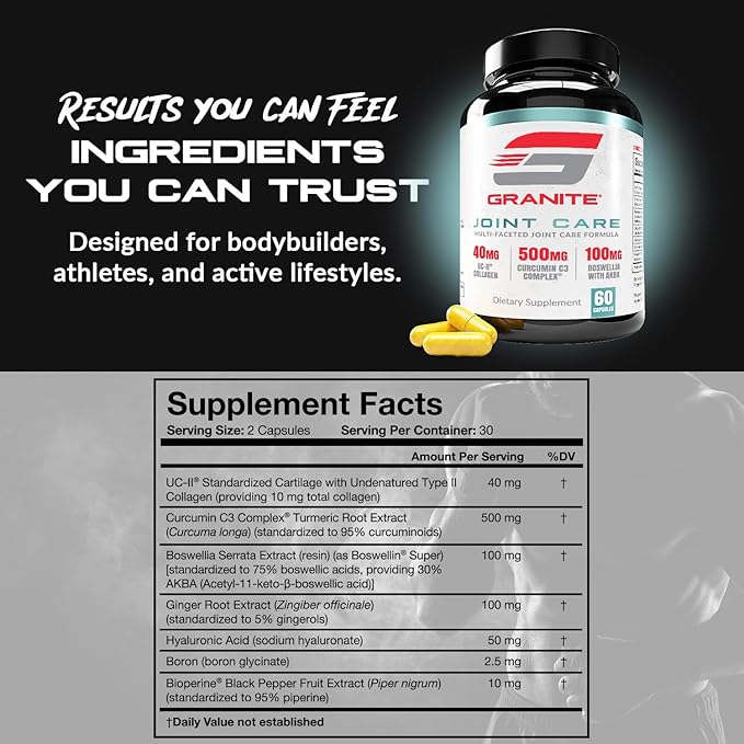 Granite Joint Care: Premium UC-II Collagen Turmeric Curcumin C3 AKBA Boswellia + More - All-in-One Support for Joint Mobility Comfort &amp Strength (60ct)