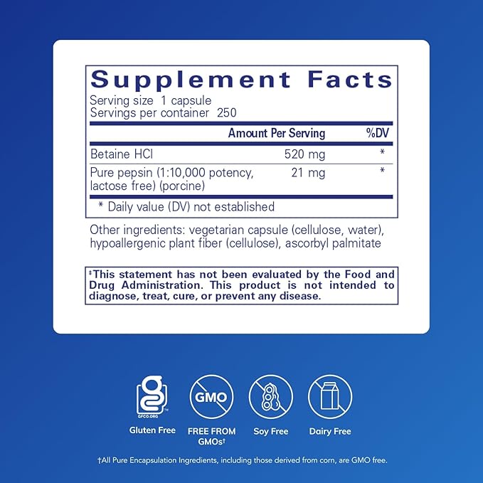 Pure Encapsulations Betaine HCl Pepsin - Digestive Enzymes Supplement for Digestion Aid &amp Support Stomach Acid &amp Nutrient Absorption* - with Betaine HCl Pepsin - 250 Capsules