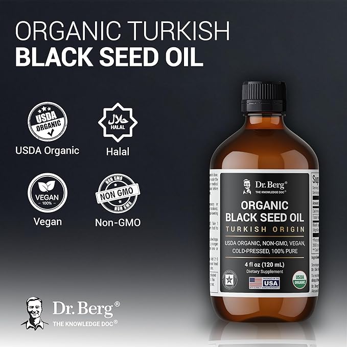 Dr. Berg Black Seed Oil Organic Cold Pressed – Pure Nigella Sativa Black Cumin Oil – USDA Organic Halal Vegan – for Hair Skin Immune Support – Unrefined Liquid – 4 oz Glass Bottle